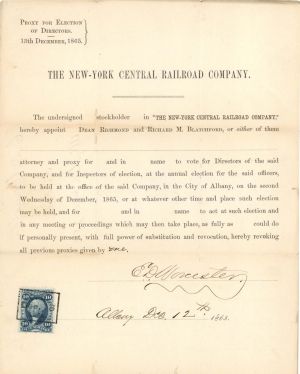 New-York Central Railroad Co. Apppointment signed by E.D. Worcester - 1865 dated Autograph