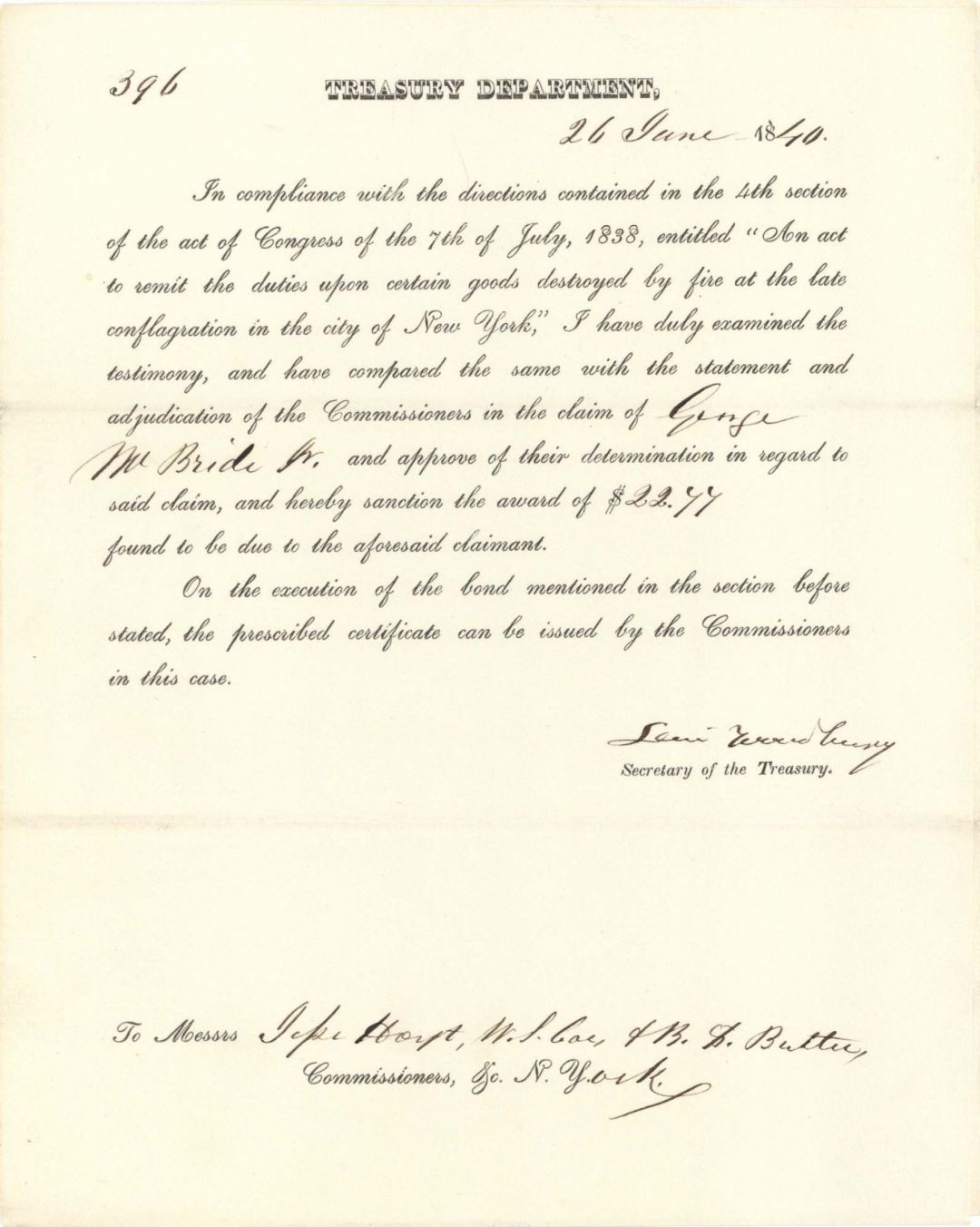 Document signed by Levi Woodbury - 1840 dated Autograph