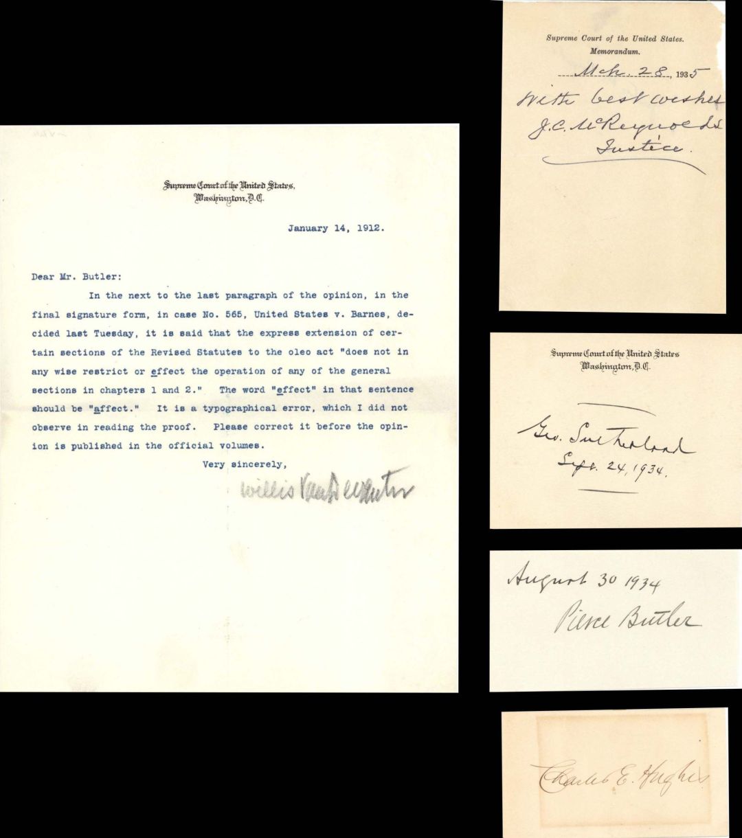 5 Supreme Court Justices Signatures - 1912-1935 dated Autograph