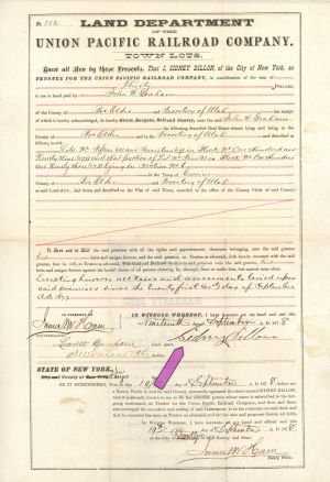 Union Pacific Railroad Co. Land Warranty Deed signed by Sidney Dillon - 1878 dated Autographs