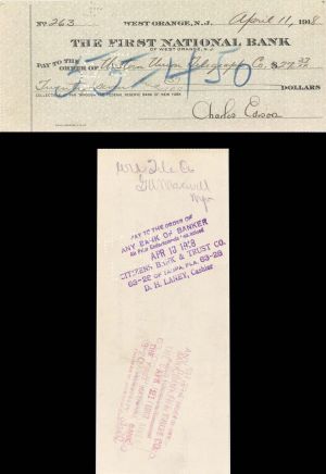 Charles Edison signed Check - 1918 dated Autograph Check