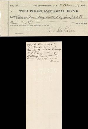 Check Issued to Edison Storage Battery and Signed by Charles Edison - 1918 dated Autograph Check