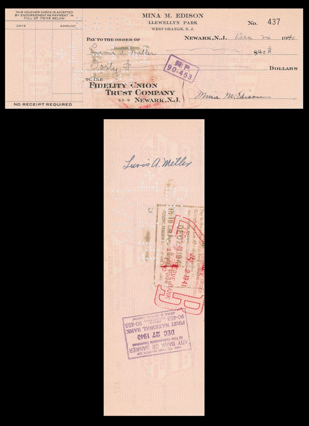 Check Signed by Mina M. Edison - 1940 dated Autograph Check