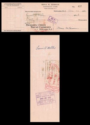 Check Signed by Mina M. Edison - 1940 dated Autograph Check