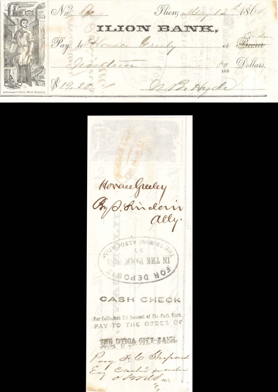 Check issued to Horace Greeley - 1864 dated Check