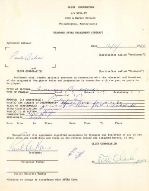 Dick Clark and Paul Anka signed Contract - 1960 dated Autograph