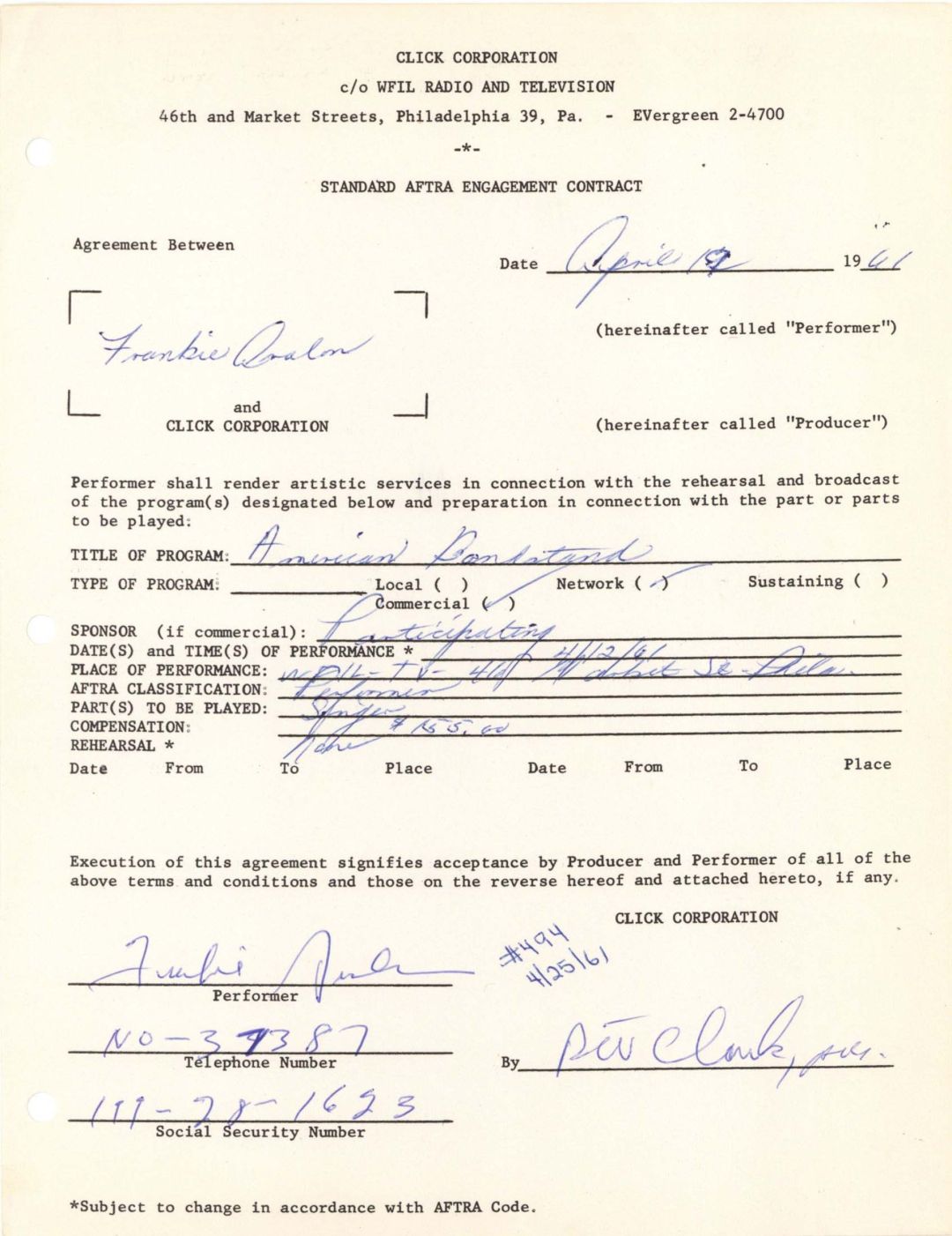 Dick Clark and Frankie Avalon signed Contract - 1961 dated Autograph