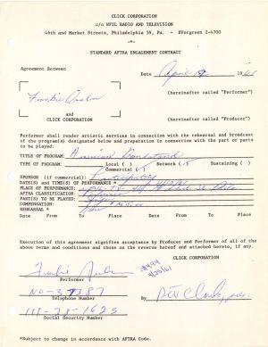 Dick Clark and Frankie Avalon signed Contract - 1961 dated Autograph