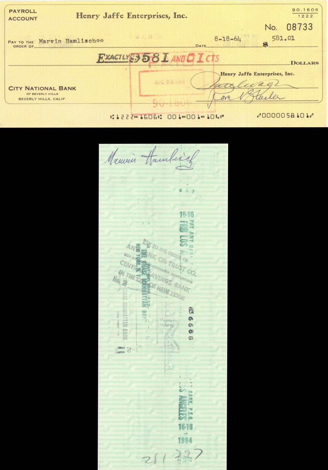 Marvin Hamlisch signed Check - 1964 dated Autograph