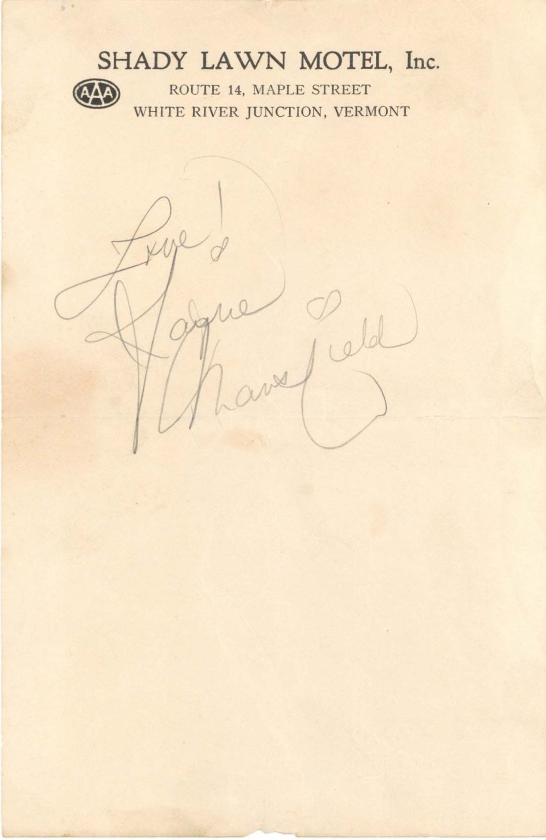 Jayne Mansfield signed Note - 1965 dated Autograph