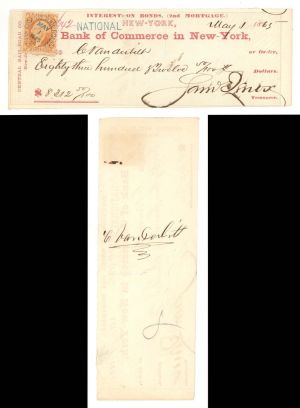 Check issued to and signed at back by C. (Commodore Cornelius) Vanderbilt - 1865 dated Autograph