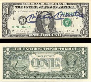 Mickey Mantle signed $1 New York Federal Reserve Note - 1988 dated Autograph