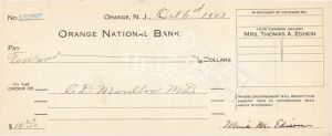 Orange National Bank check signed by Mira M. Edison - 1923 or 1925 dated Autograph