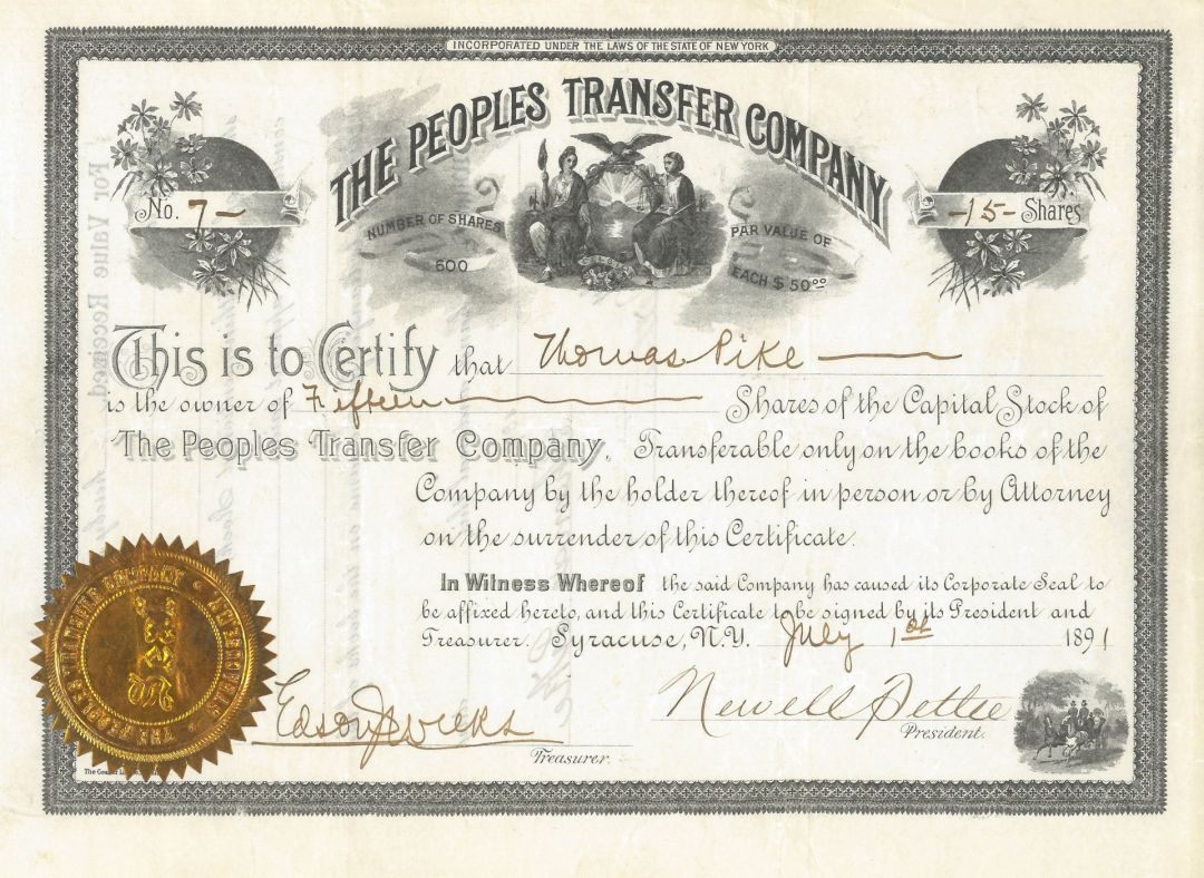 Peoples Transfer Co. - Stock Certificate (Uncanceled)