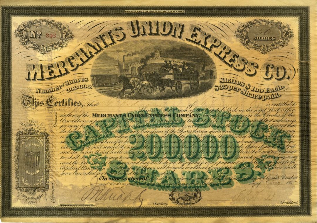 Merchants Union Express Co. - Gorgeous Express Stock Certificate