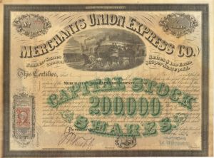 Merchants Union Express Co. - Fantastic Express Stock Certificate with Revenue Stamp