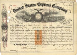 United States Express Co. - 1873 dated New York Express Stock Certificate