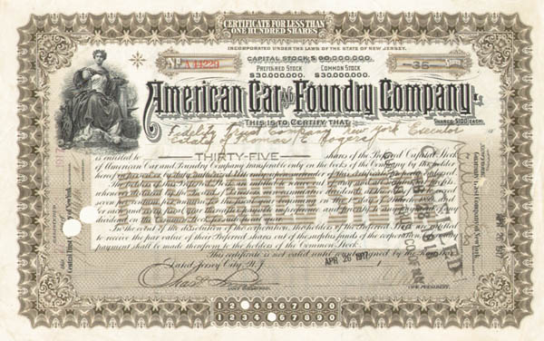 American Car and Foundry (Railroad) - 1917 dated Railway Car Stock Certificate