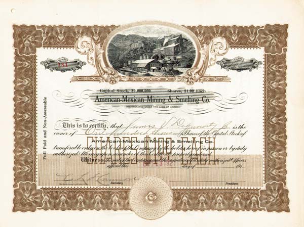 American-Mexican Mining and Smelting Co. - Stock Certificate (Uncanceled)