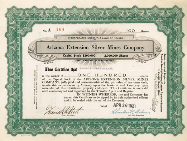 Arizona Extension Silver Mines Co. - Stock Certificate