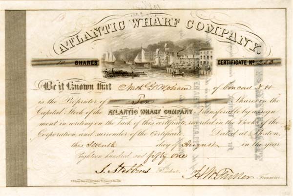 Atlantic Wharf Co. - 1851 dated Gorgeous Stock Certificate (Uncanceled)