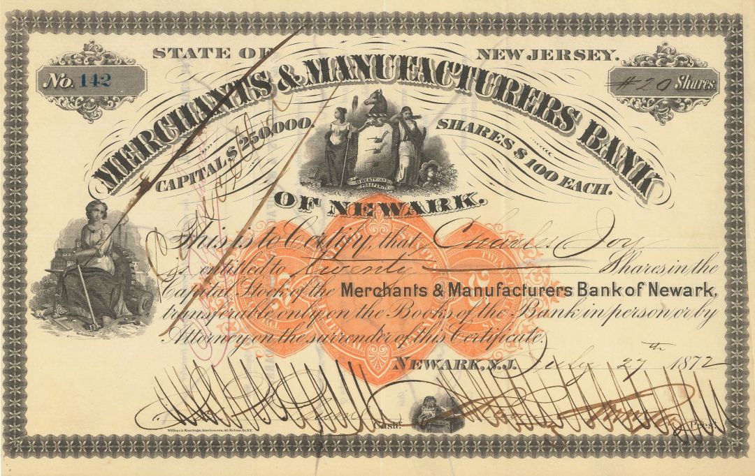 Merchants and Manufacturers' Bank - Stock Certificate