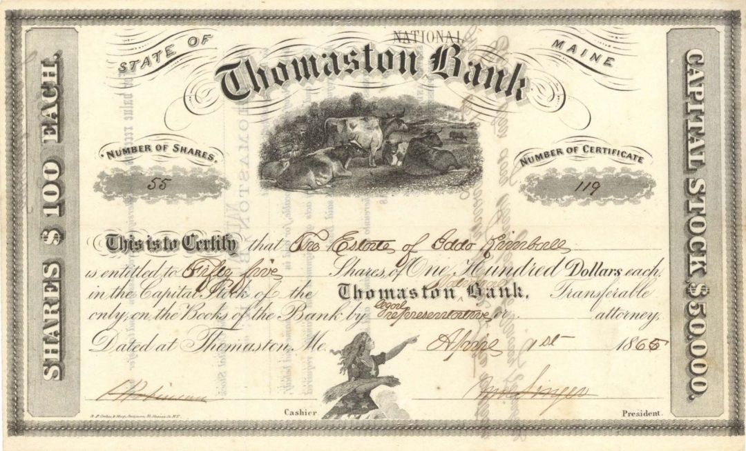 Thomaston National Bank - 1865 dated Stock Certificate