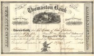 Thomaston National Bank - 1865 dated Stock Certificate