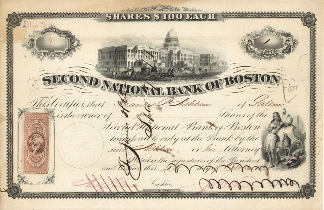 Second National Bank of Boston - 1860's dated Stock Certificate