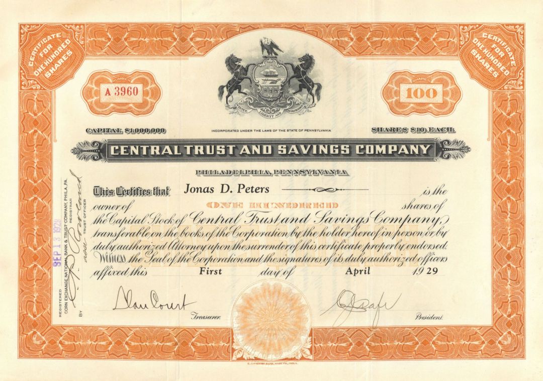 Central Trust and Savings Co. - 1929 or 1931 dated Banking Stock Certificate