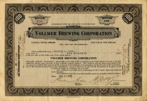 Vollmer Brewing Corporation - Stock Certificate