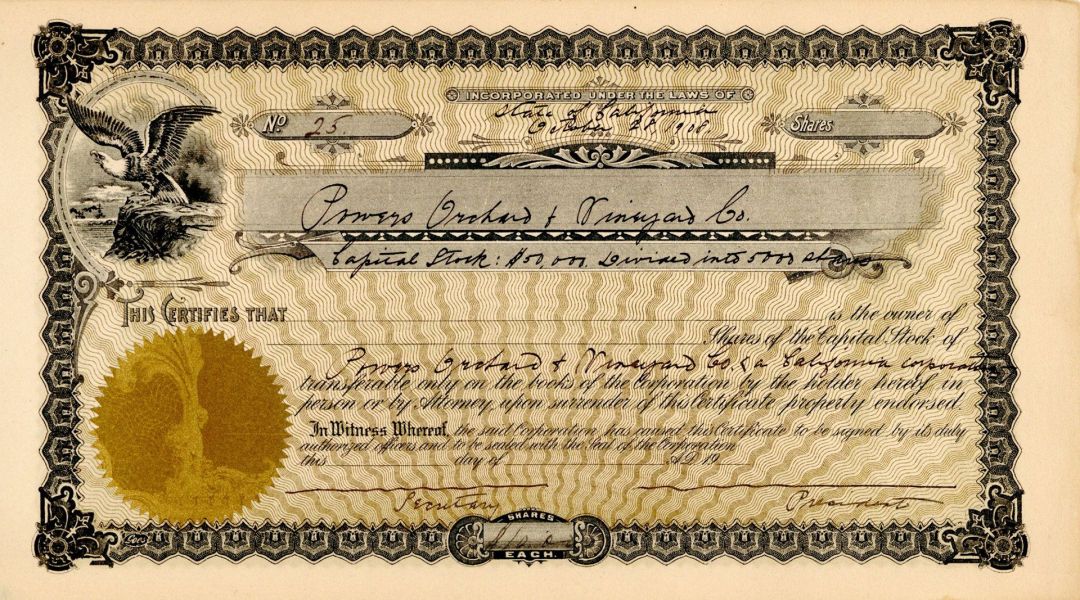 Powers Orchard and Vineyard Co. -  Stock Certificate