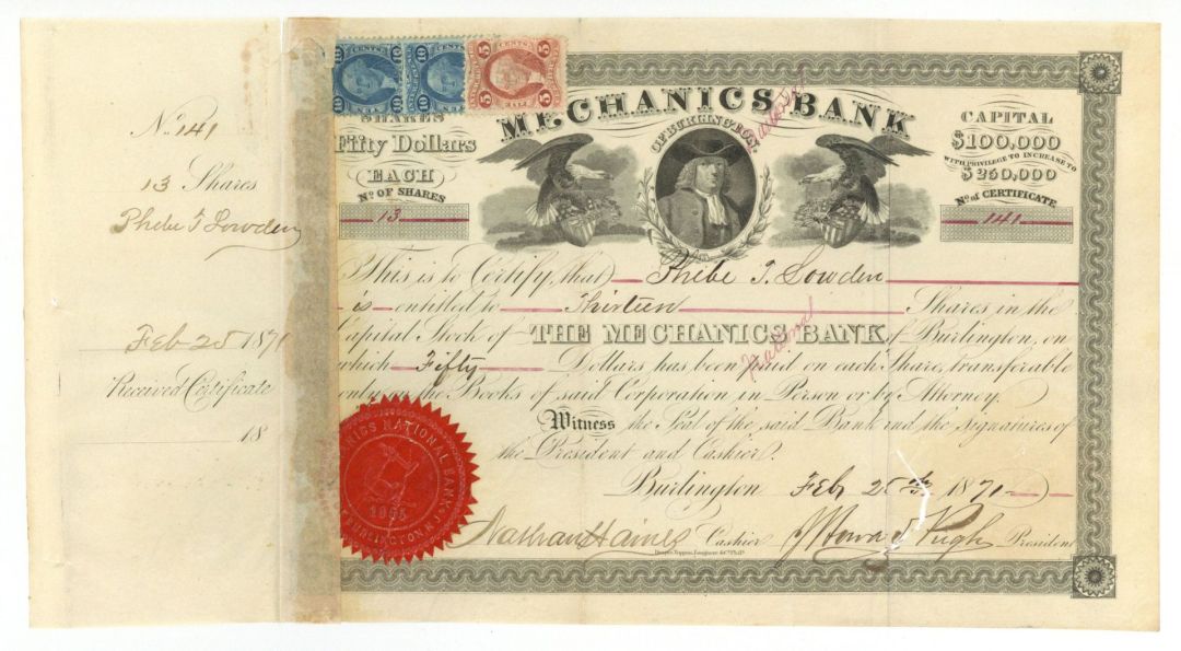 Mechanics Bank of Burlington - 1860's-1880's dated Stock Certificate