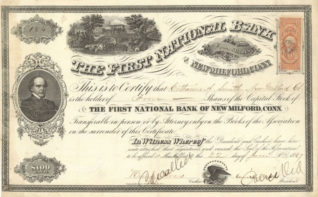 First National Bank of New Milford, Conn. - 1860's-1880's dated Stock Certificate