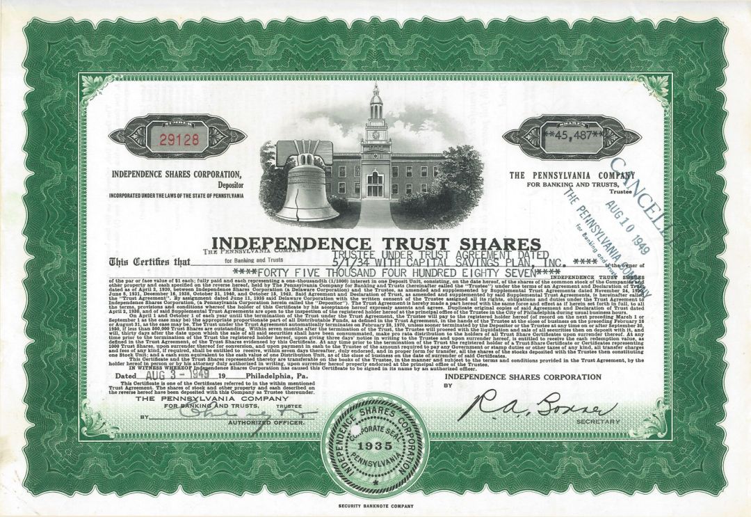 Independence Trust Shares - 1930's-50's Pennsylvania Banking Stock Certificate