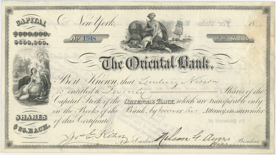 Oriental Bank - 1900's dated Banking Stock Certificate