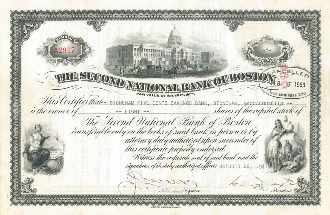 Second National Bank of Boston - Stock Certificate