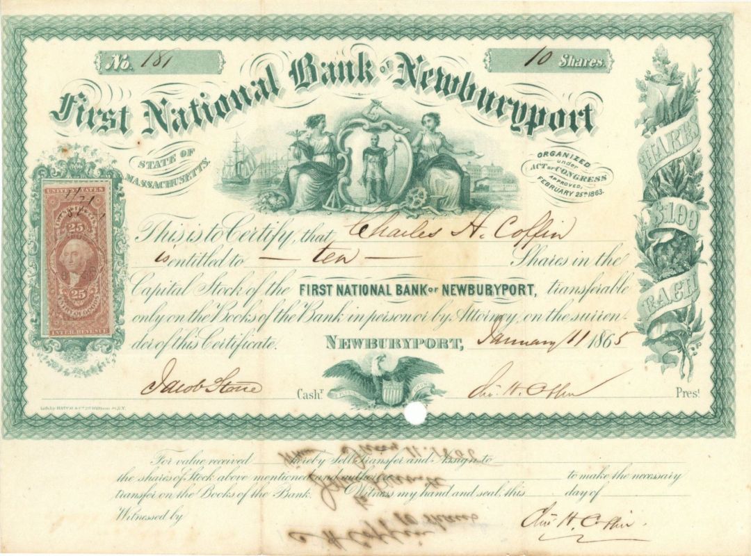 First National Bank of Newburyport - 1864-1866 dated Stock Certificate