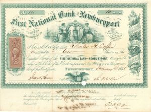 First National Bank of Newburyport - 1864-1866 dated Stock Certificate