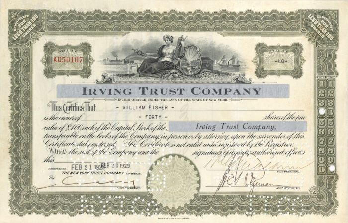 Irving Trust Co. - 1929 dated New York Banking Stock Certificate