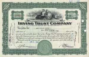 Irving Trust Co. - 1920's-30's dated New York Banking Stock Certificate