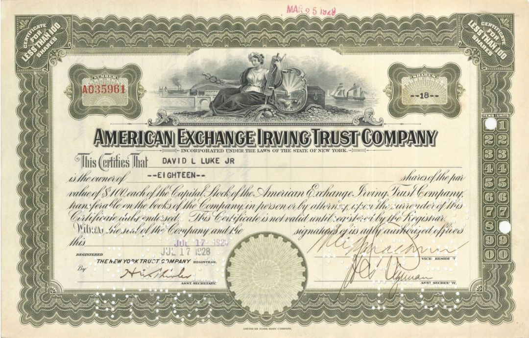 American Exchange Irving Trust Co. - 1920's dated Banking Stock Certificate