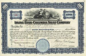 Irving Bank-Columbia Trust Co. - 1920's dated Banking Stock Certificate