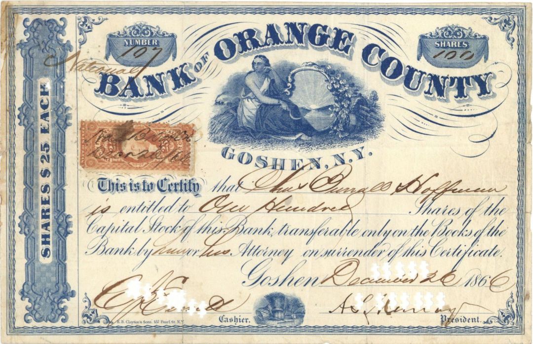 Bank of Orange County, Goshen, NY - 1860's-1890's dated Stock Certificate