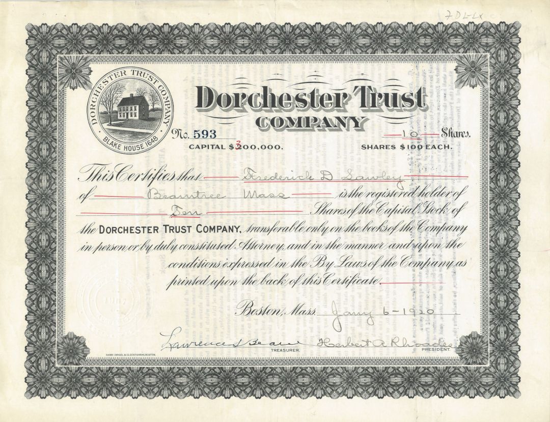 Dorchester Trust Co. - 1907-20 dated Massachusetts Banking Stock Certificate