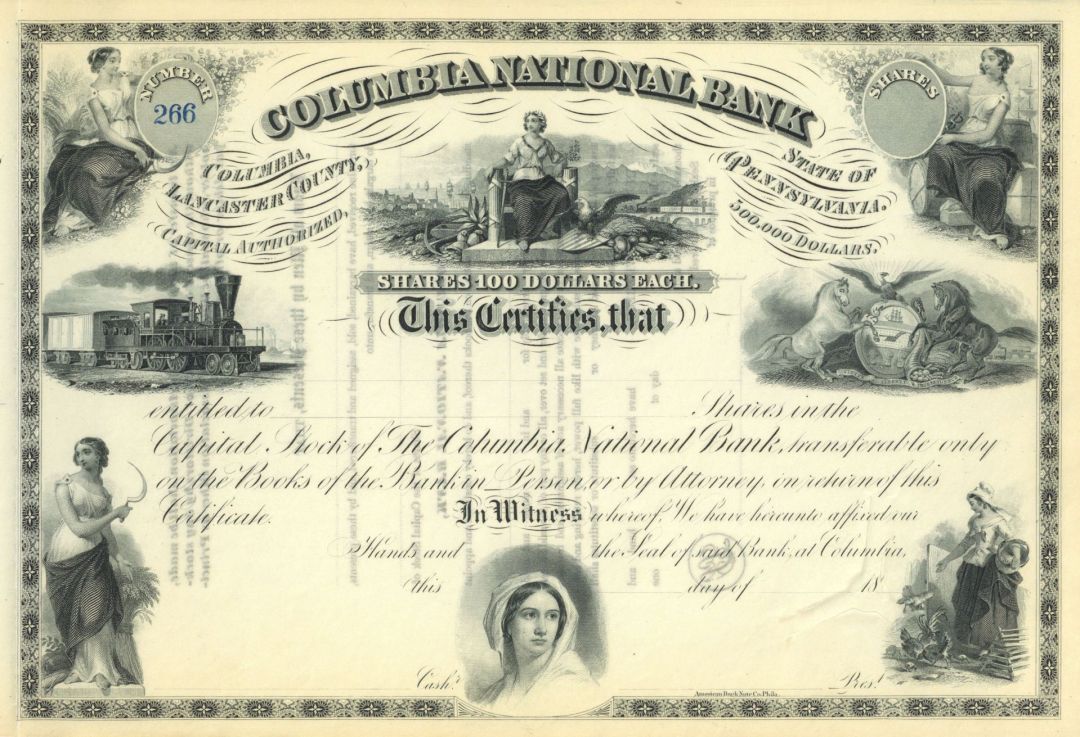 Columbia National Bank - 8 Different Vignettes - 1890 dated Unissued Pennsylvania Banking Stock Certificate