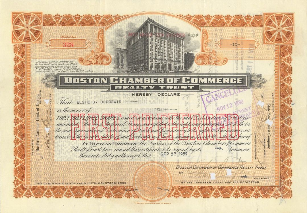 Boston Chamber of Commerce Realty Trust - Stock Certificate