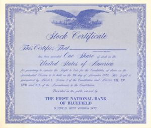 First National Bank of Bluefield - 1972 dated Banking Stock Certificate - Bluefield, West Virginia