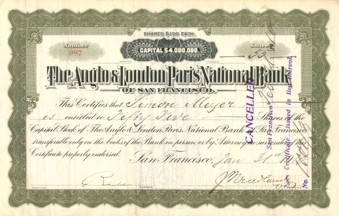 Anglo and London Paris National Bank of San Francisco - Stock Certificate