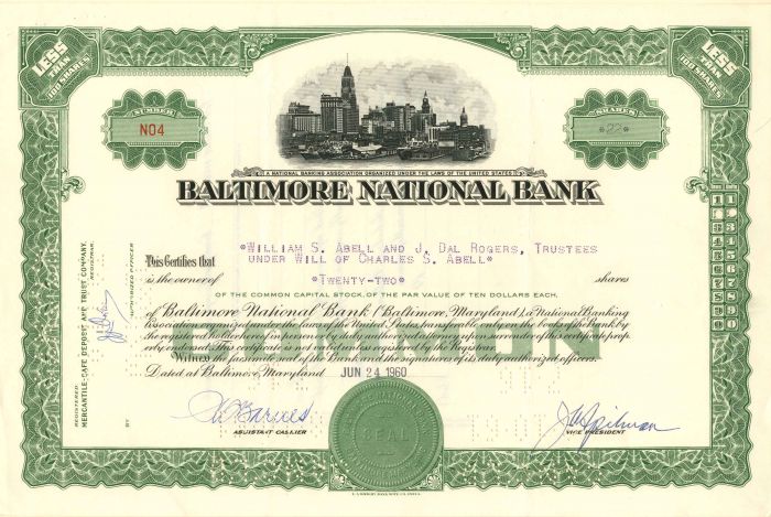 Baltimore National Bank - Stock Certificate